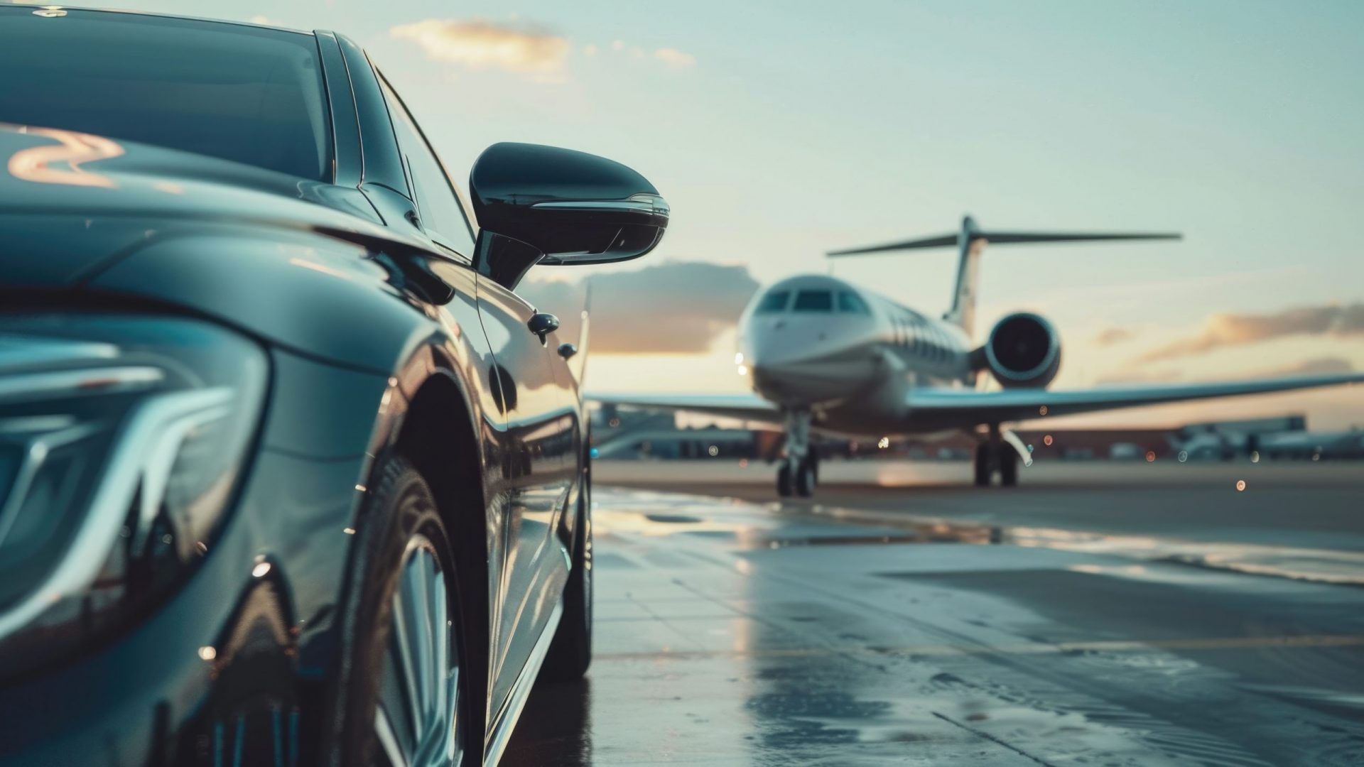 Luxury car and private jet on the runway. Business class service at the airport. Business class shuttle service. Airport transfer.